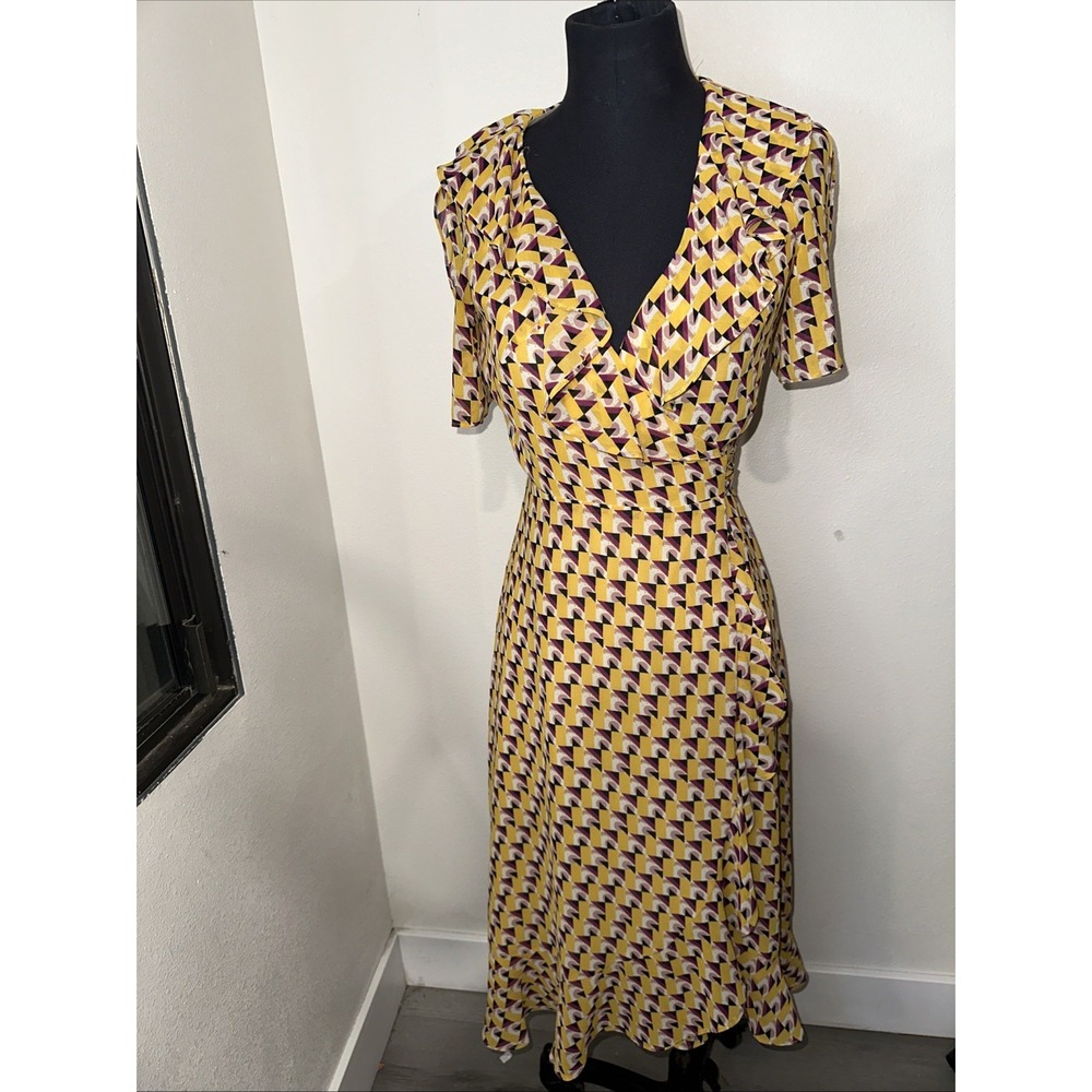 Donna Morgan Ruffled Yellow‎ Geometric Wrap Dress Size 0